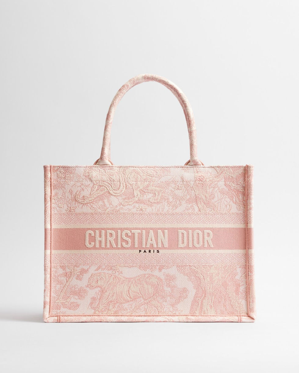 Dior Medium Book Tote in ecru and pink Toile de Jouy embroidery – front view