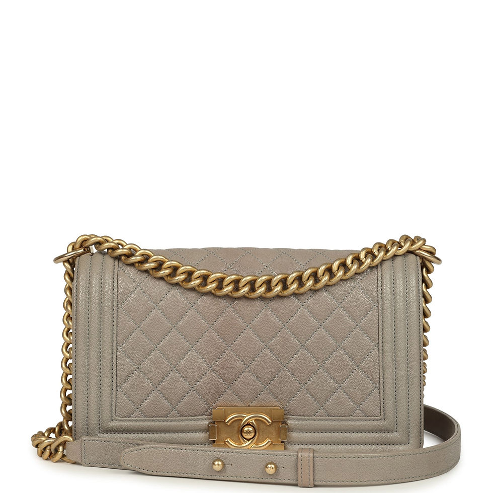 Chanel Medium Boy Bag in taupe caviar leather with antique gold-tone chain strap