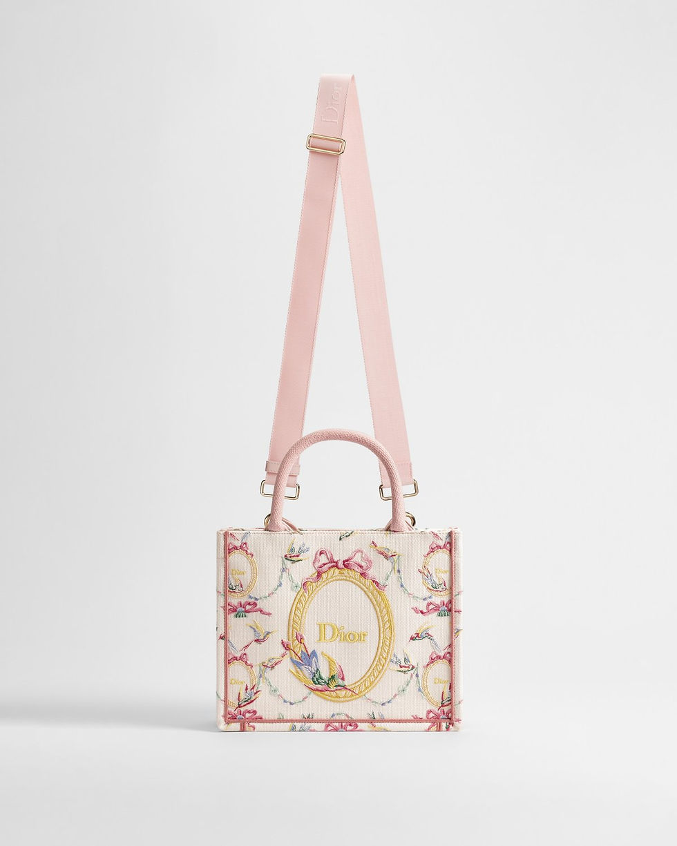 Dior Qixi Small Book Tote with strap in pink Dior Colibri embroidery – view 2