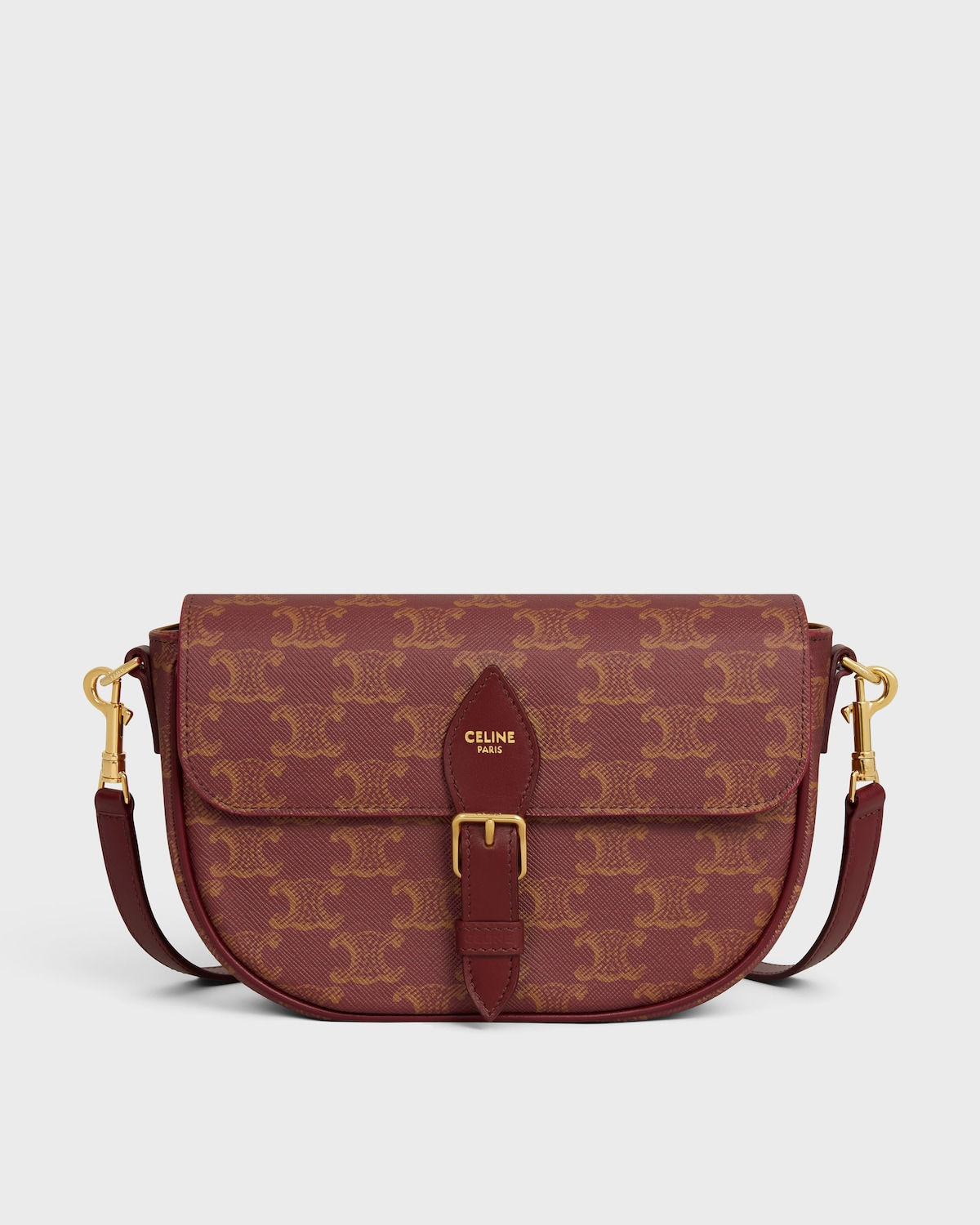 Celine Folco Shoulder Bag in Burgundy/Tan Triomphe Canvas and Calfskin – front view
