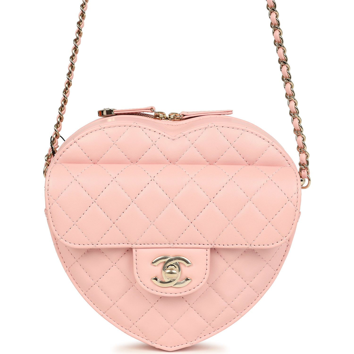 Chanel CC In Love Large Heart Bag in light pink lambskin, front view with CC turnlock