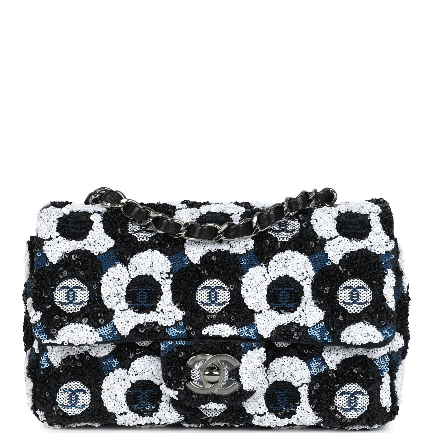 Chanel Mini Rectangular Flower Flap Bag in black, navy and white sequin, front view