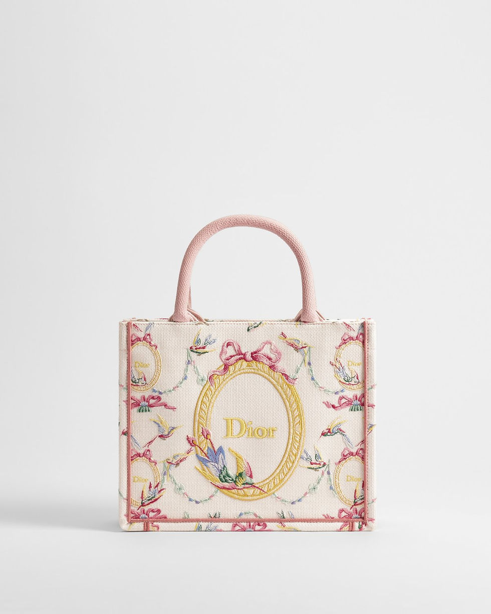 Dior Qixi Small Book Tote with strap in pink Dior Colibri embroidery – front view