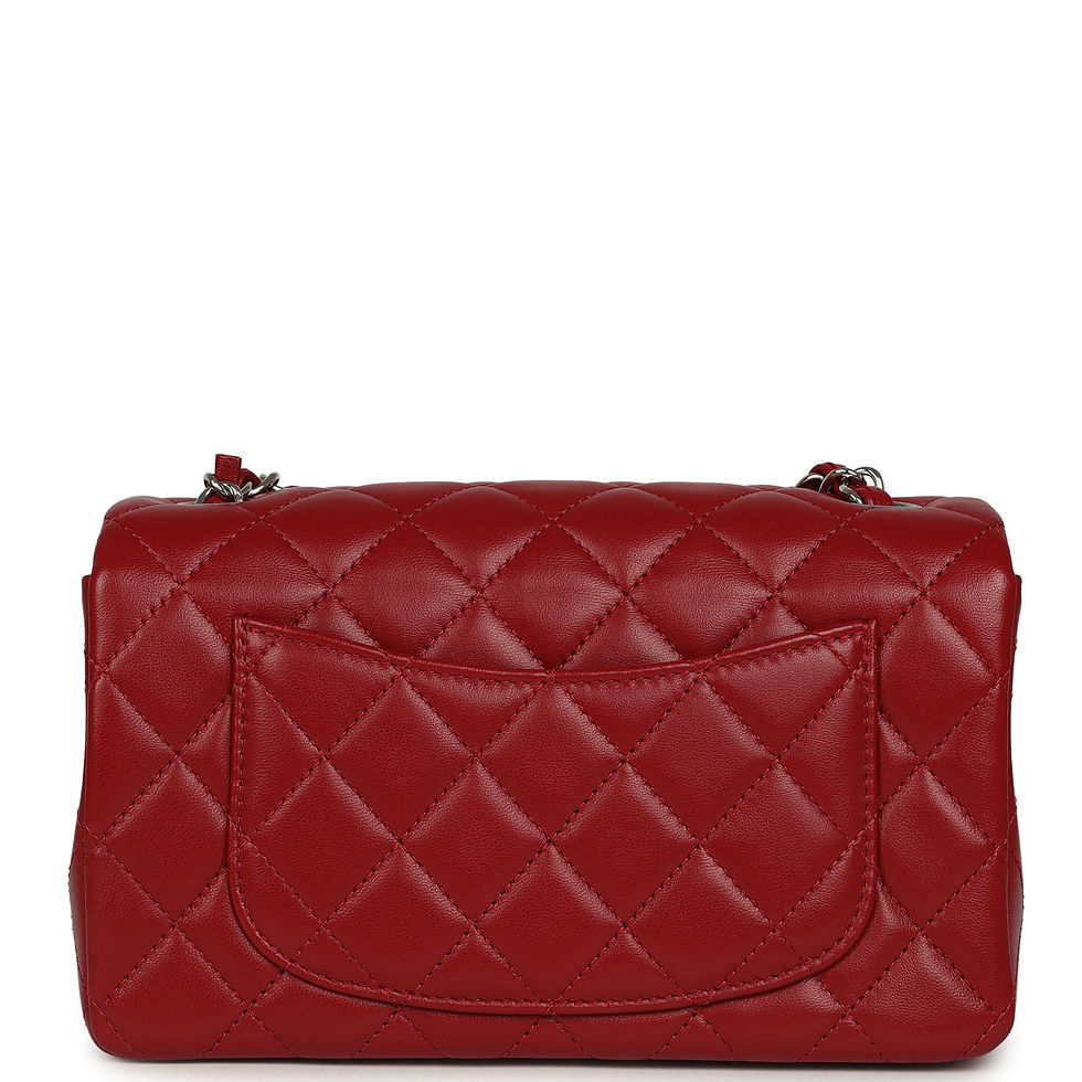 Thumbnail: Back view of the red lambskin Chanel Mini Flap with quilted slip pocket