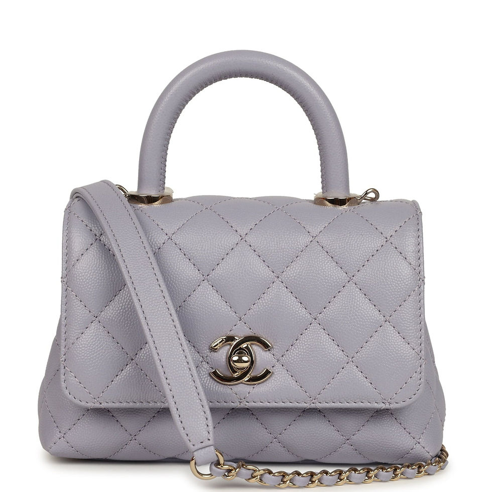 Front view of a light purple caviar Chanel Coco Handle micro bag with gold turnlock