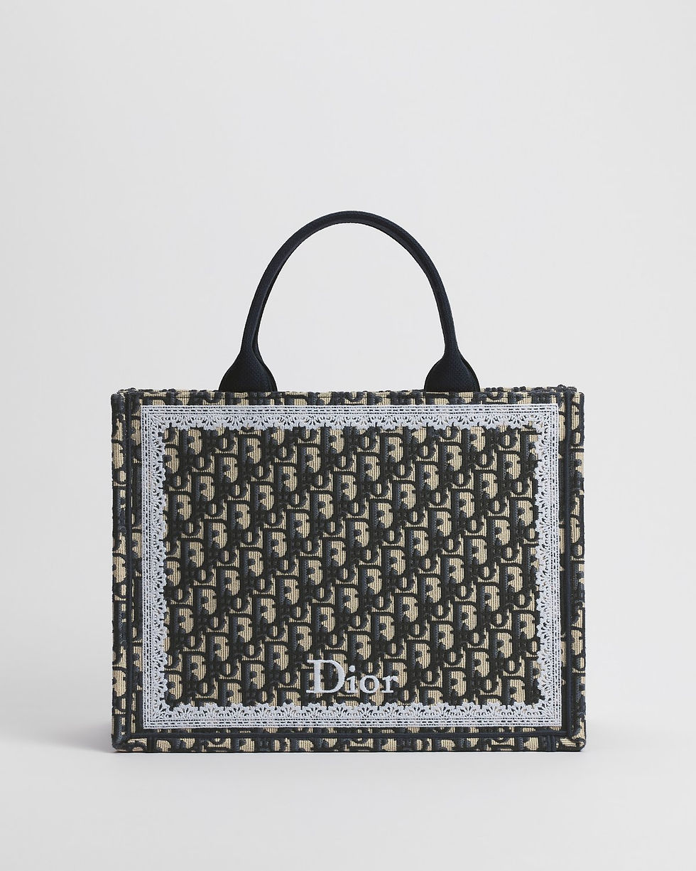 Dior Medium Book Tote in blue fully embroidered Dior Oblique with lace frame – front view