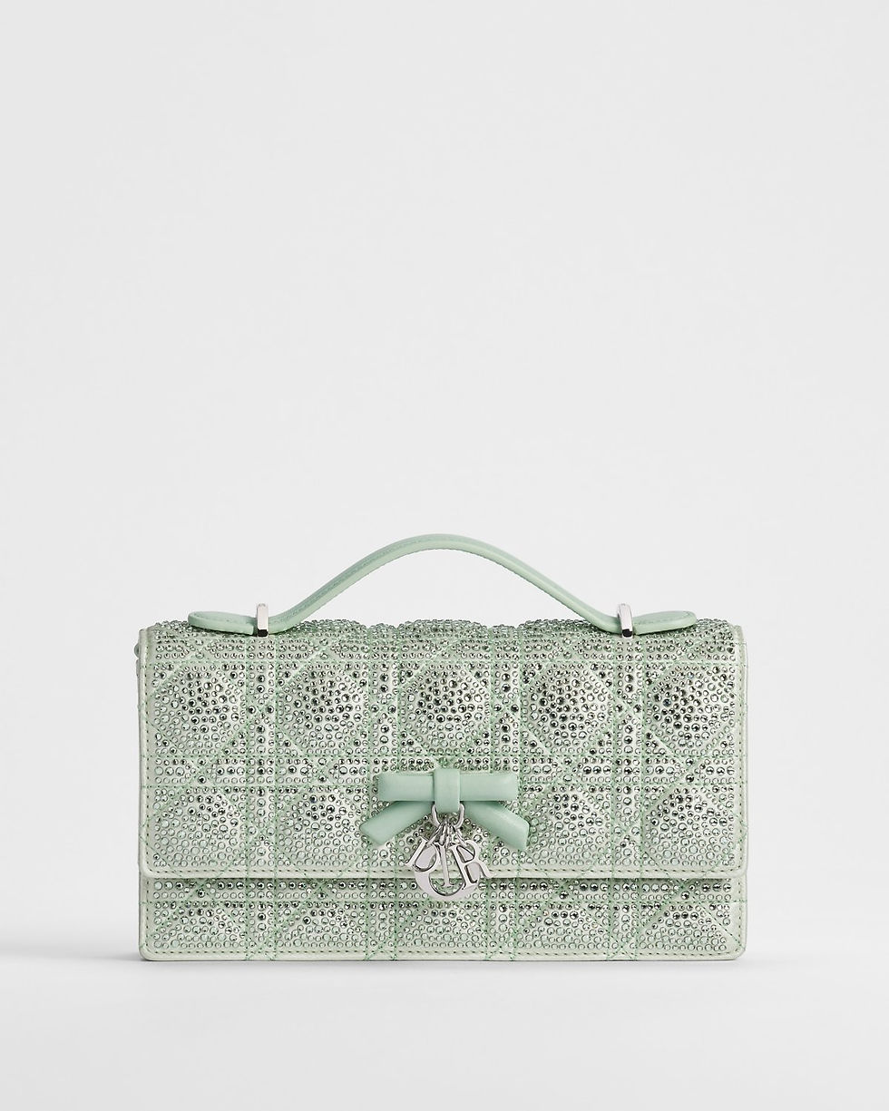 Dior My Dior Mini Bag with Bow in Green Strass-Embellished Satin – front view