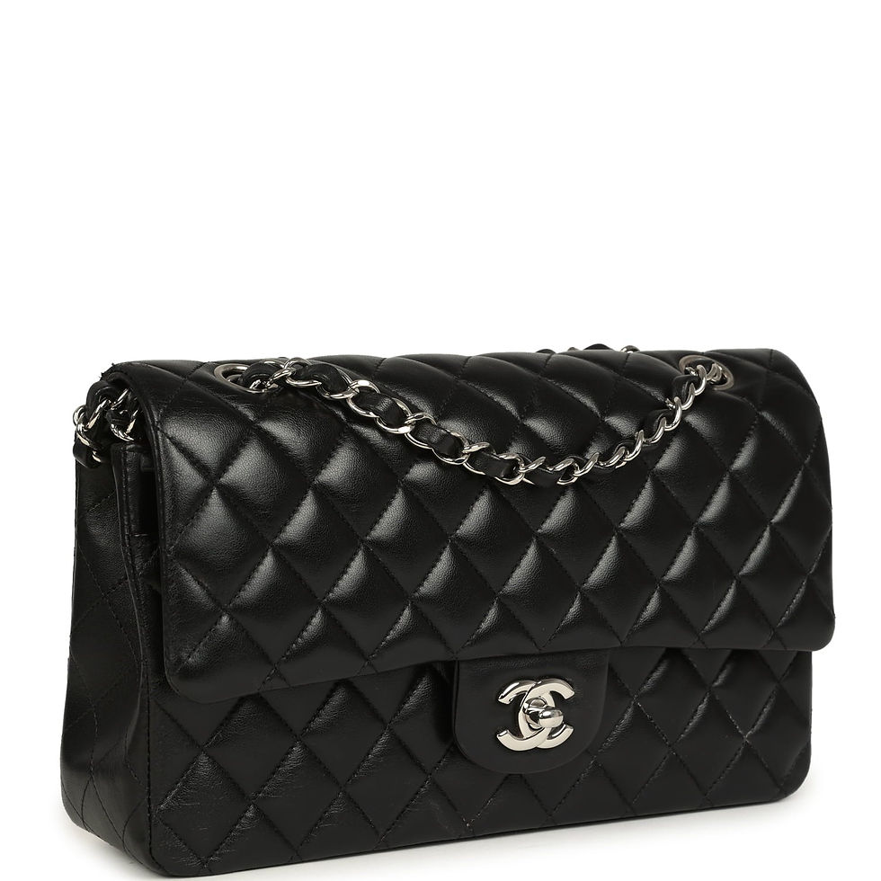 Side-angled view of the black lambskin Chanel Medium Flap showing the quilting and turnlock