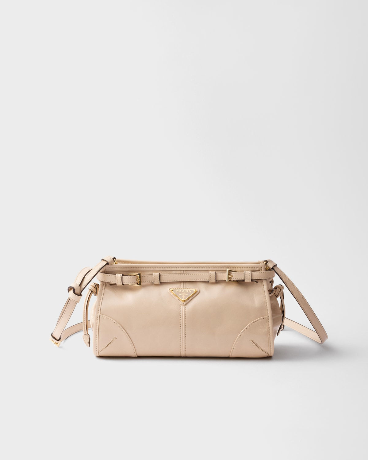 Prada Bonnie small shoulder bag in travertine calfskin – front view