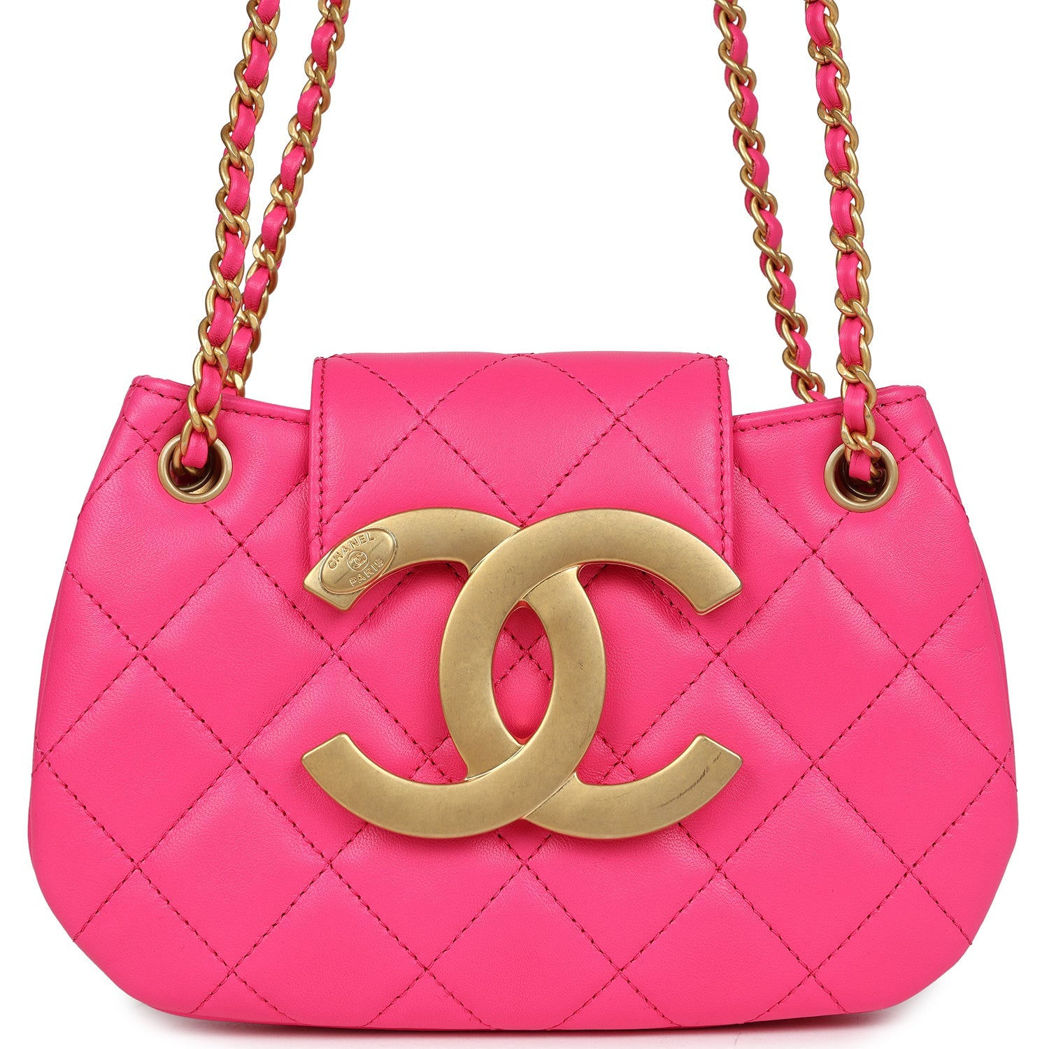 Chanel CC Mini Shoulder Bag in fuchsia lambskin, front view with oversized CC logo plaque