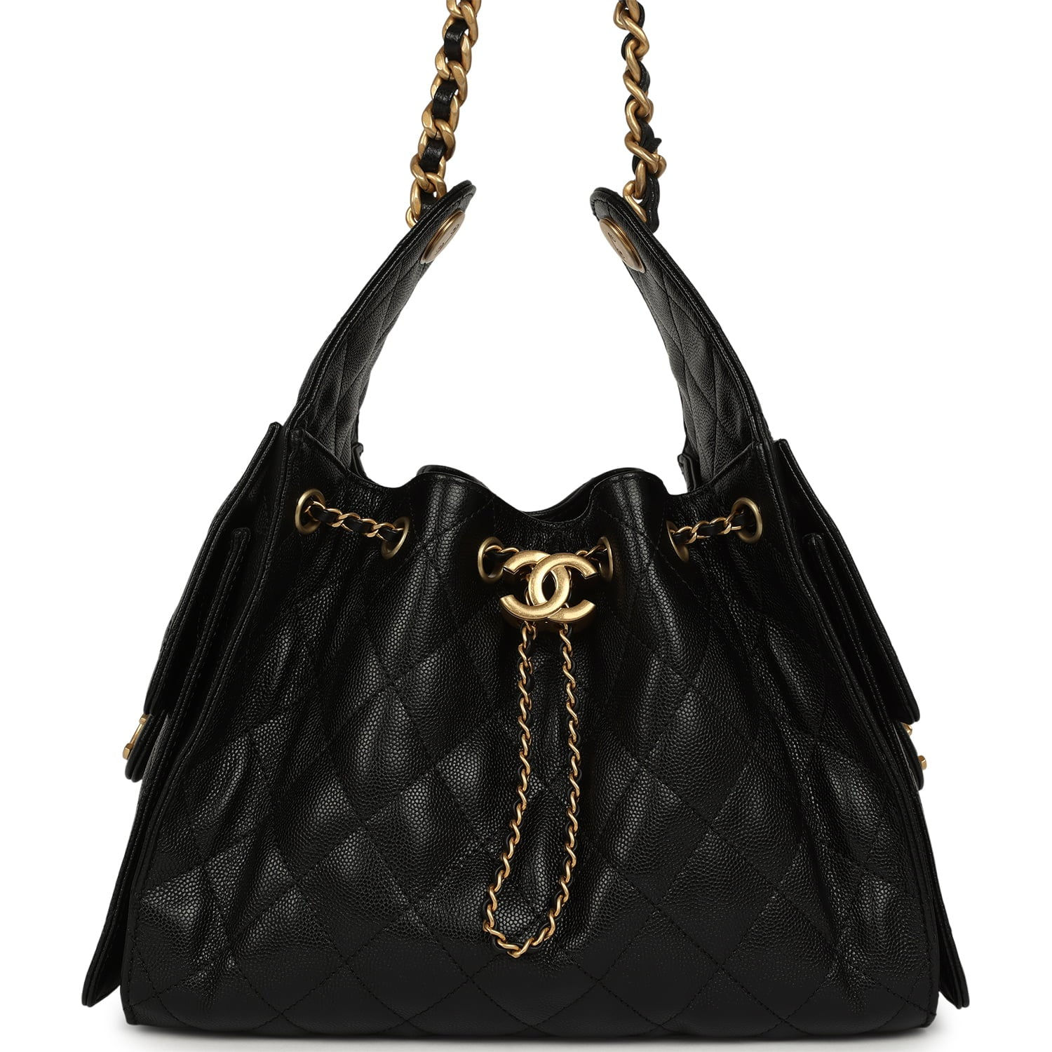 Pre-owned Chanel Small 25 Hobo Bag in black caviar leather, front view with drawstring closure