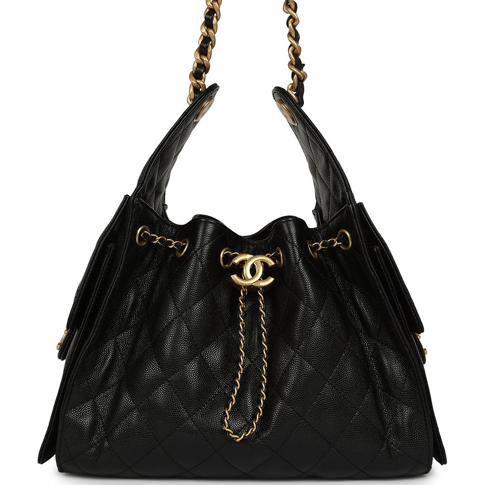 Pre-owned Chanel Small 25 Hobo Bag in black caviar leather, front view with drawstring closure