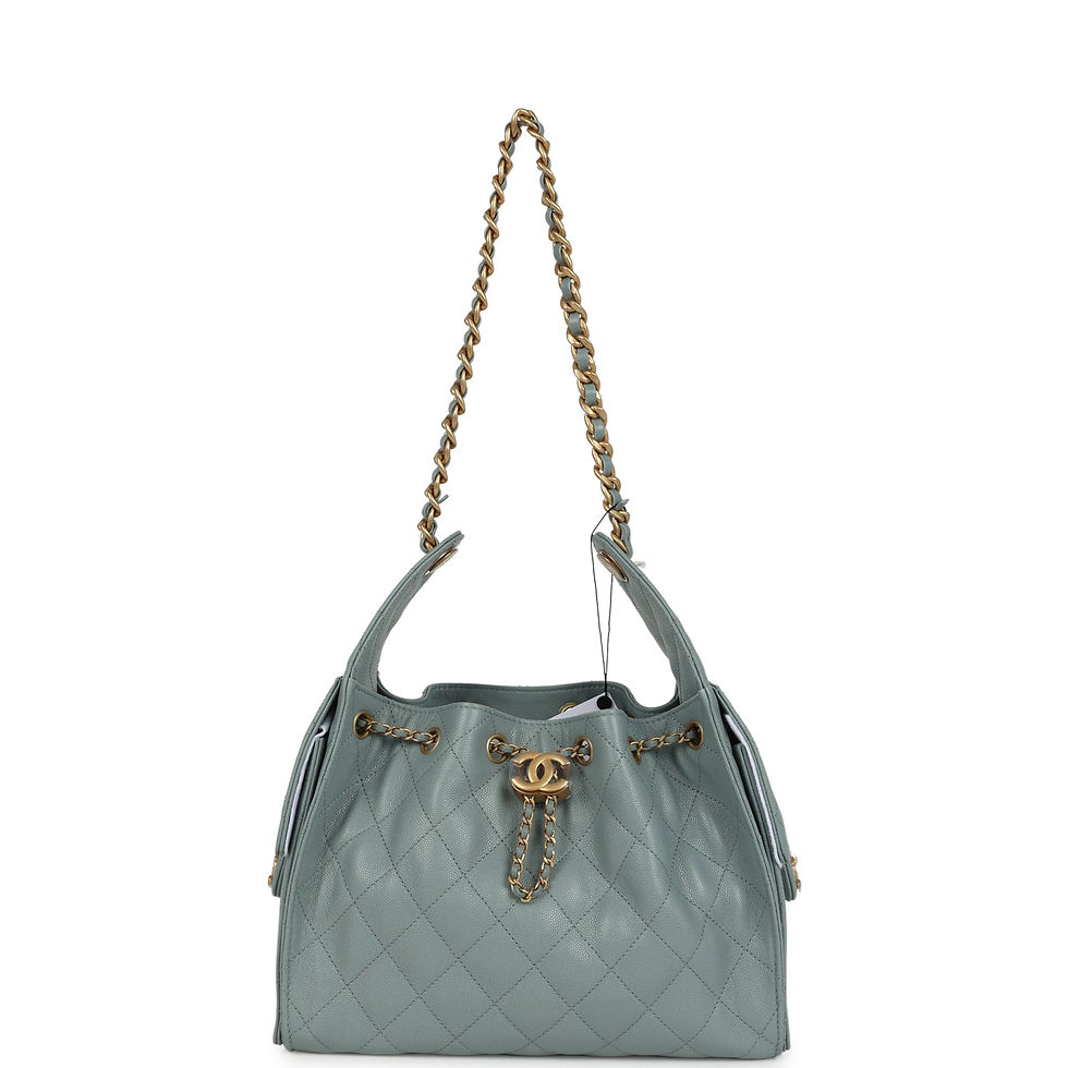 Thumbnail: Back view of the sage green caviar leather body showing its grained texture and diamond quilting