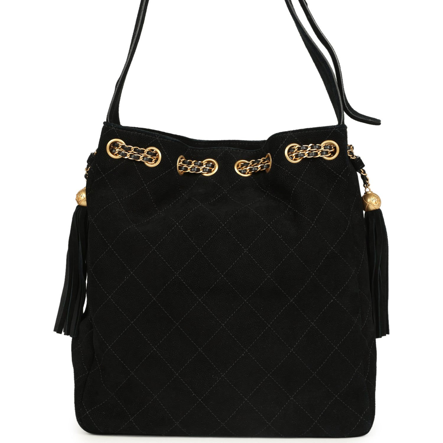 Front view of the Chanel Large Drawstring Bucket Bag in quilted black suede