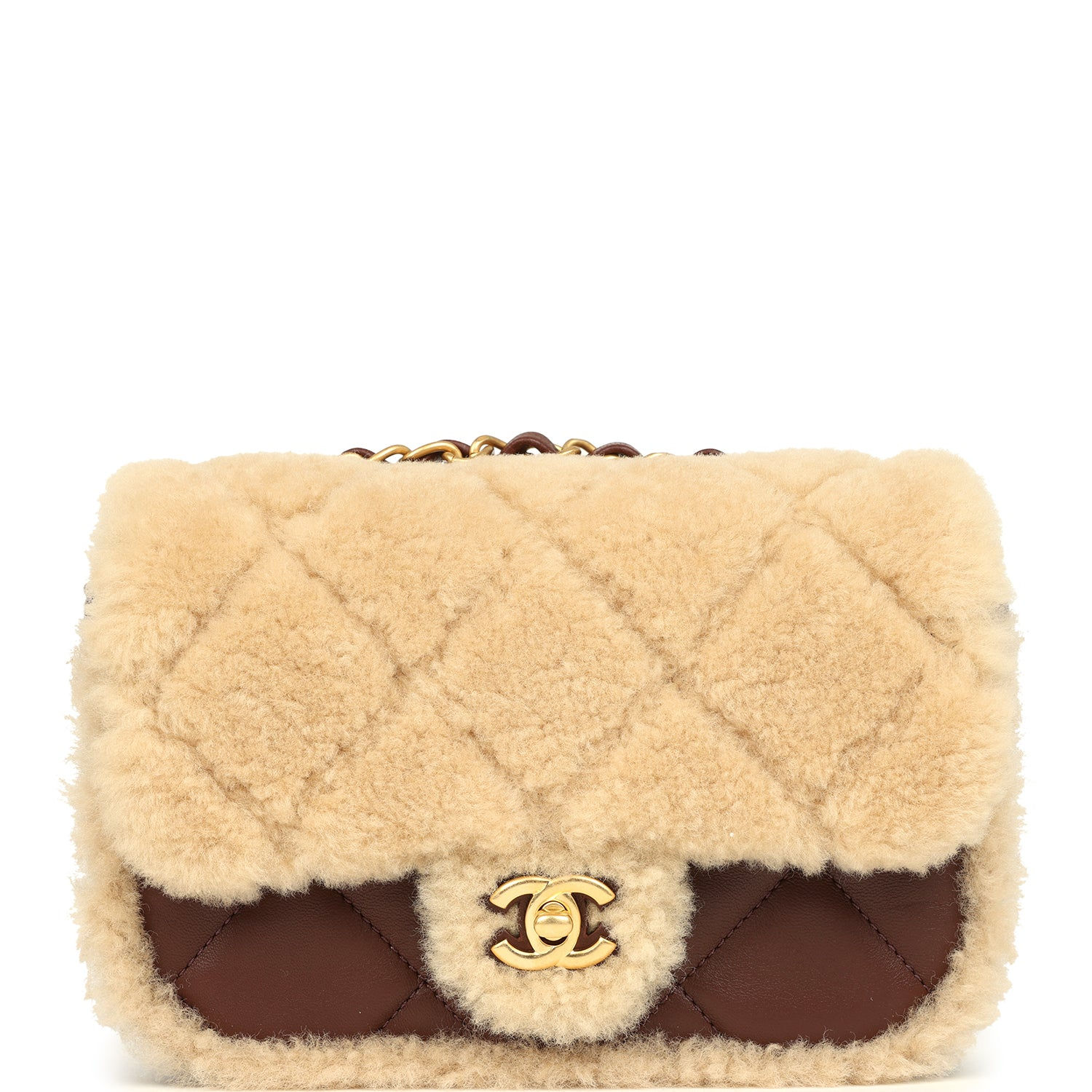 Chanel Mini Shearling Flap Bag in brown lambskin with natural shearling, front view