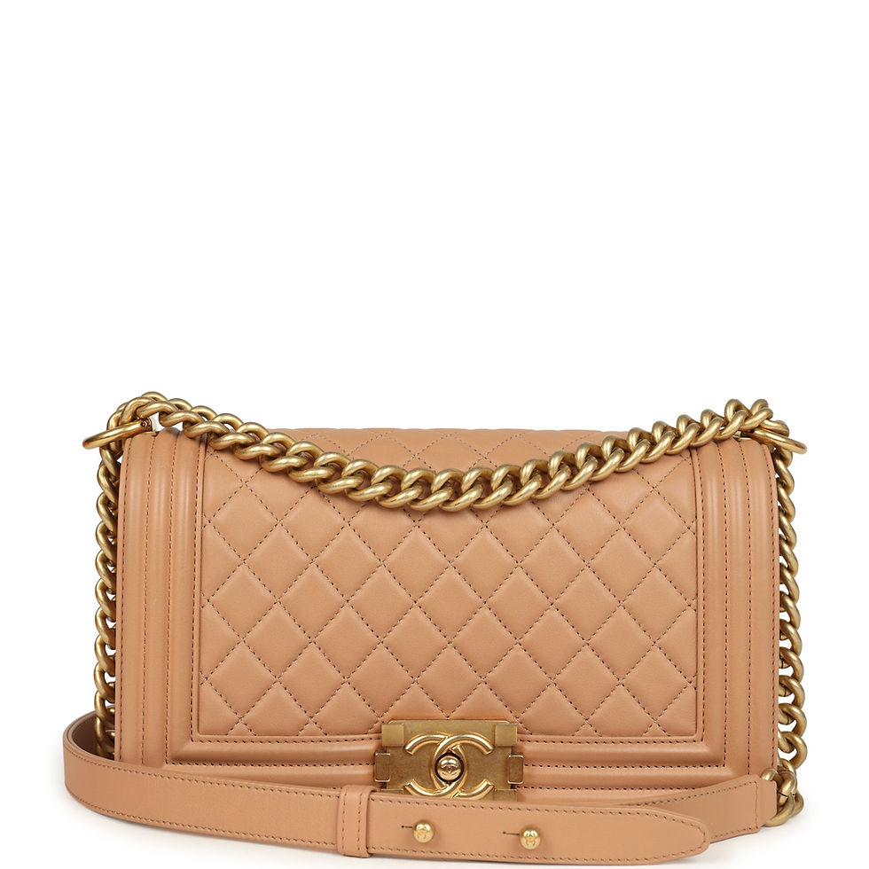 Chanel Medium Boy Bag in dark beige lambskin with antique gold-tone chain strap