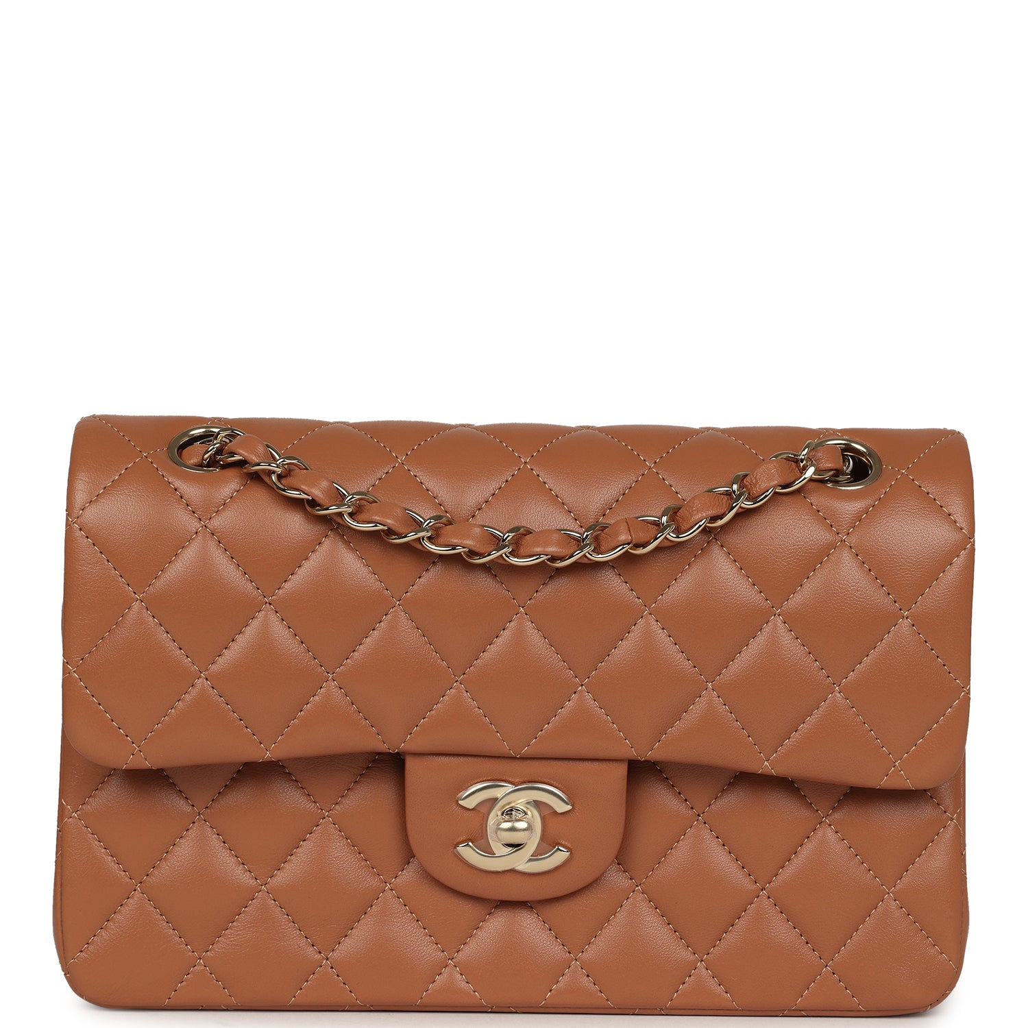 Chanel Small Classic Double Flap bag in caramel lambskin, front view with light gold-tone chain strap
