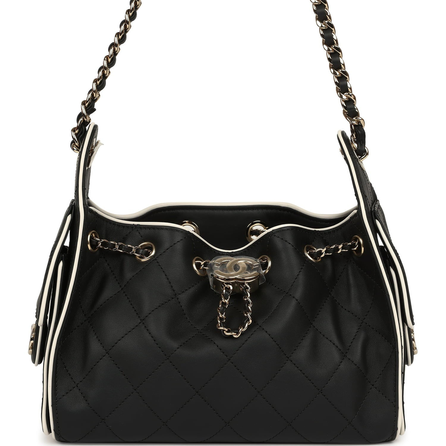 Chanel 25 Mini hobo bag in black calfskin with contrasting white piping and gold-tone chain straps