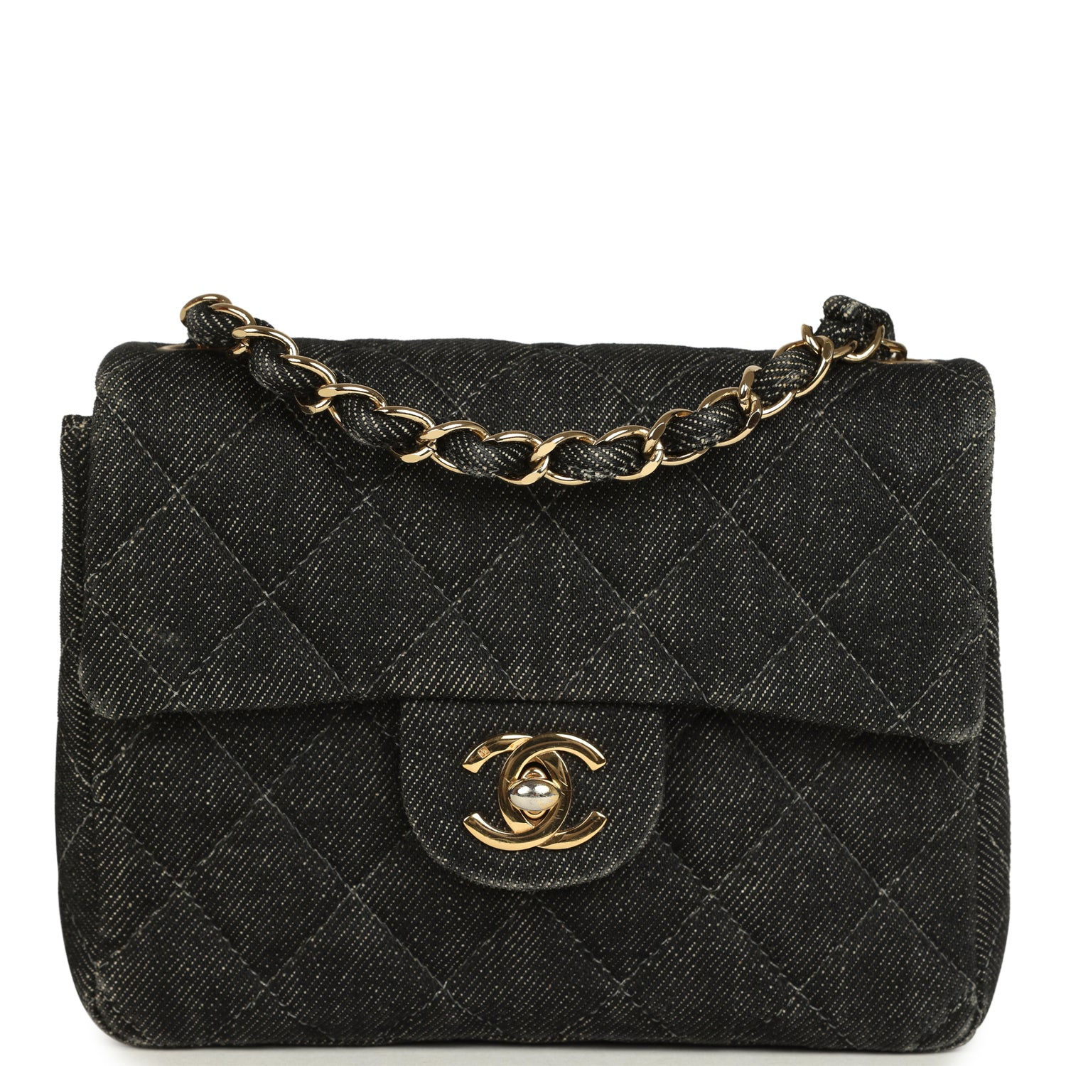 Front view of the vintage Chanel Mini Square Flap Bag in black denim with a gold CC turnlock