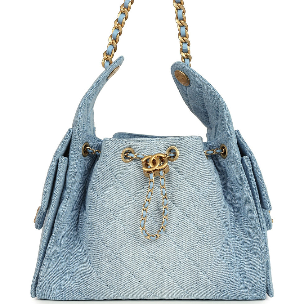 Chanel Small 25 Hobo Bag in light blue washed denim, front view with drawstring and gold CC turnlock