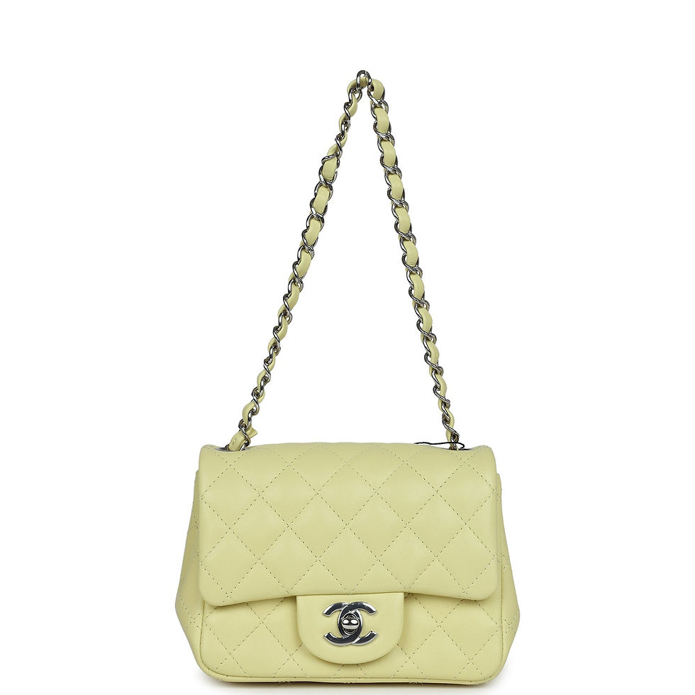 Thumbnail: Lime lambskin bag shown worn on its full-length silver chain-and-leather shoulder strap
