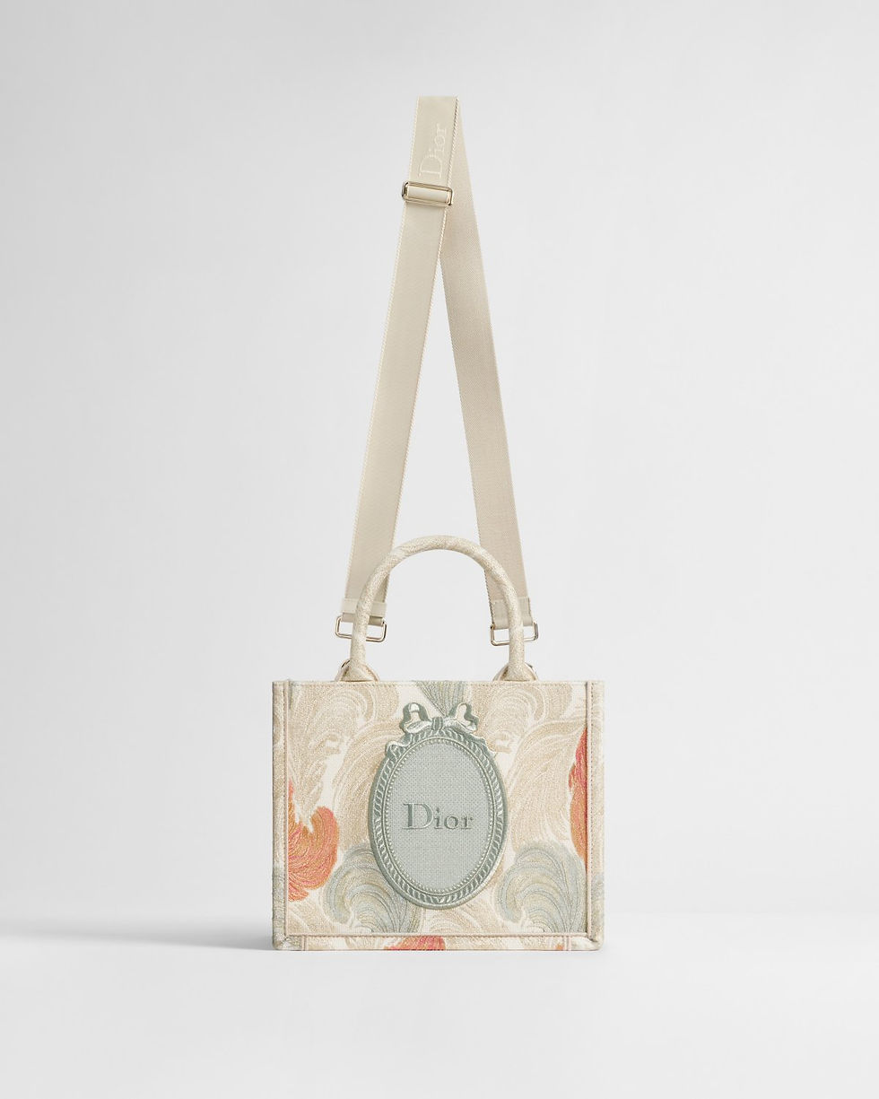 Thumbnail: Dior Small Book Tote with strap in beige Dior Byzance Feathers embroidery – view 3