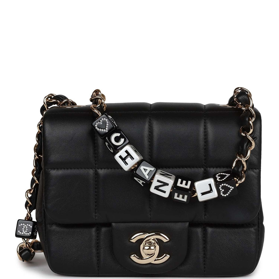 Front view of the Chanel Monaco Mini Square Flap Bag in black lambskin with a light gold CC turn-lock
