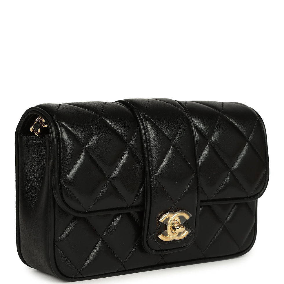 Three-quarter front view of the black bag showing the raised leather tab and gold clasp