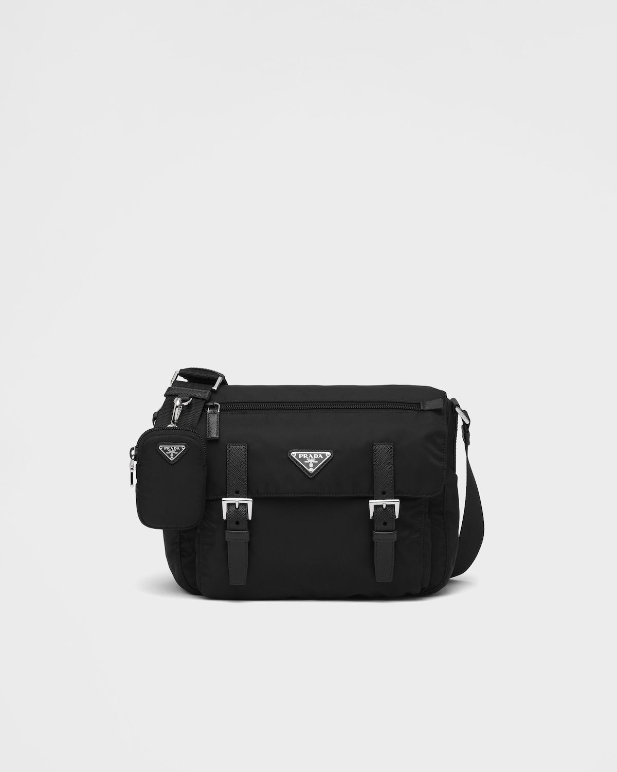 Prada shoulder bag with pouch in black Re-Nylon – front view