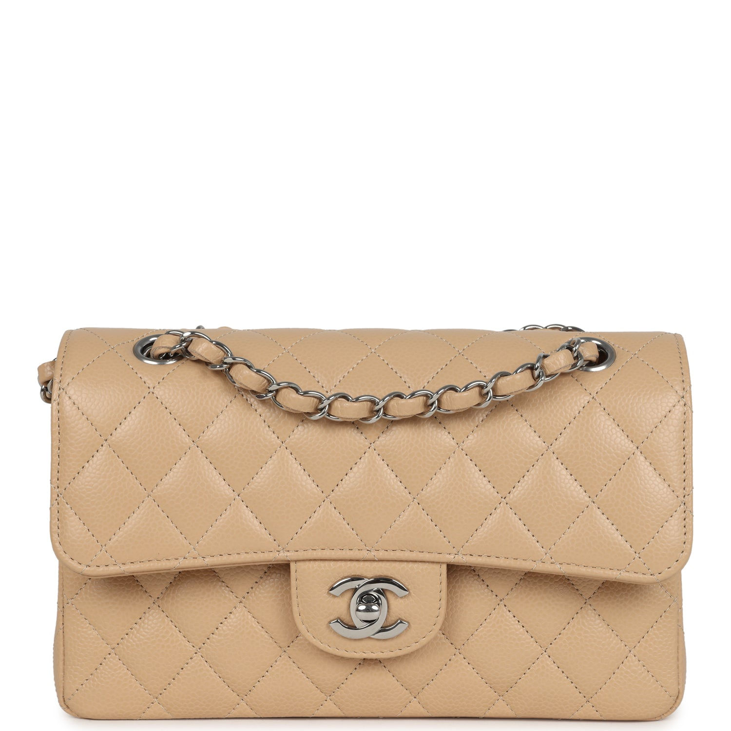 Chanel Small Classic Double Flap bag in beige caviar leather, front view with silver-tone hardware