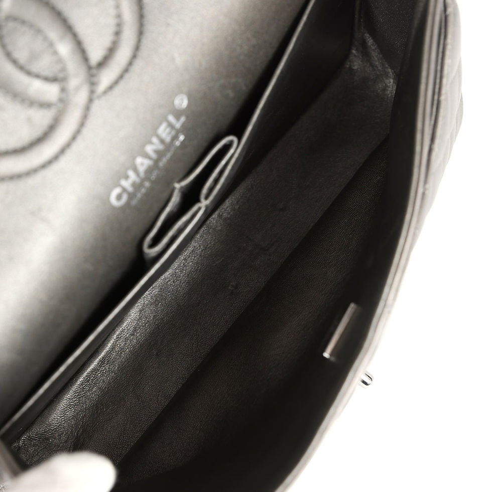 Thumbnail: Close-up of the interior slip pocket inside the metallic grey flap