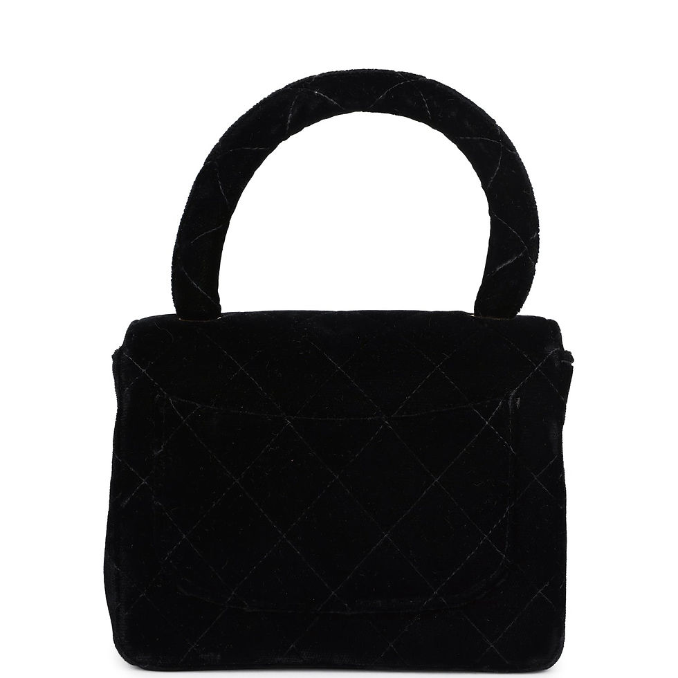 Thumbnail: Back view of the black velvet Chanel Micro Kelly Child bag in quilted velvet