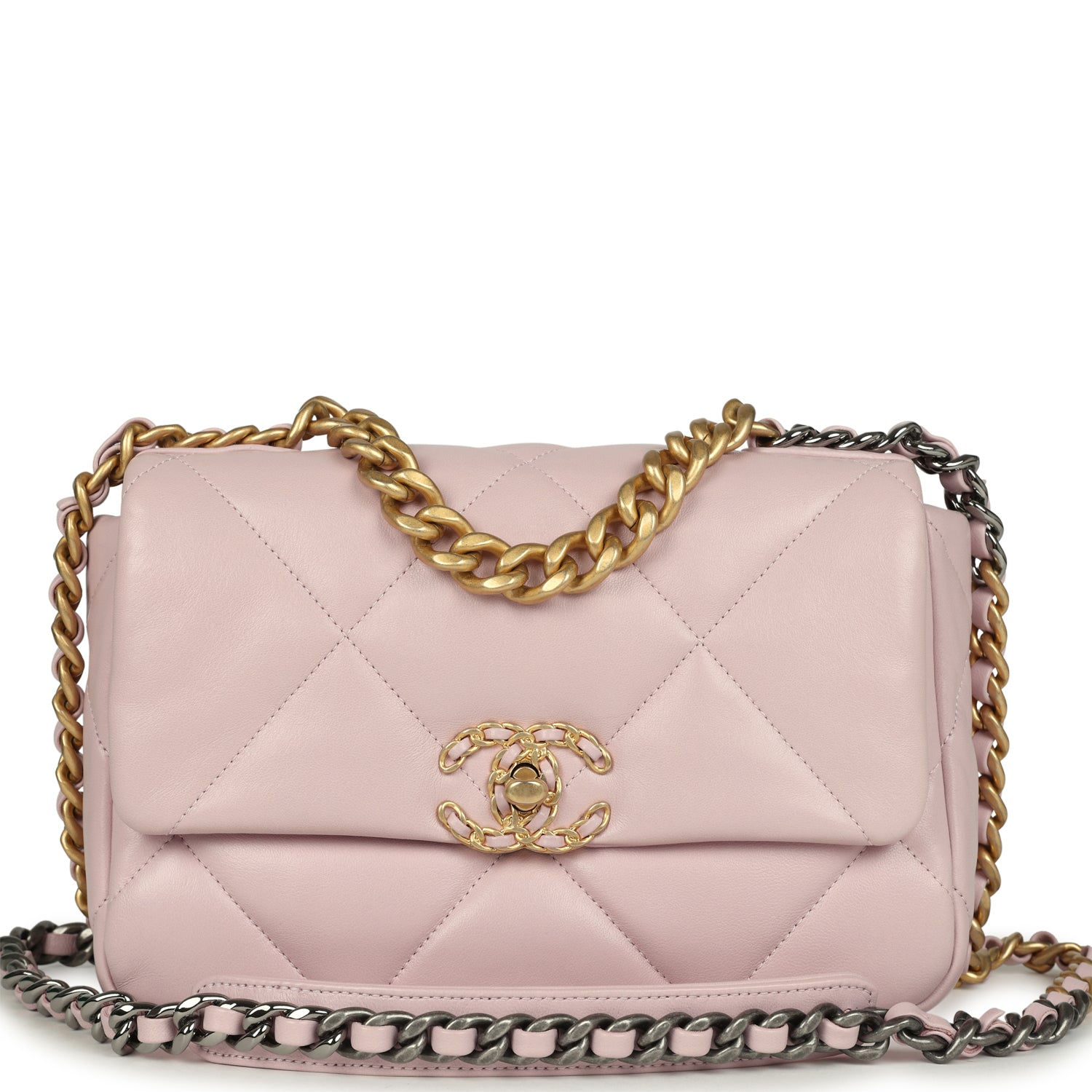 Chanel 19 medium flap bag in light pink shiny lambskin with mixed gold-tone and ruthenium chain strap