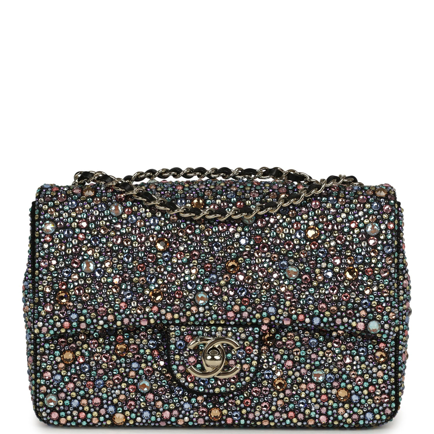 Chanel Mini Rectangular Flap bag in black fabric covered in multicolour crystals, front view