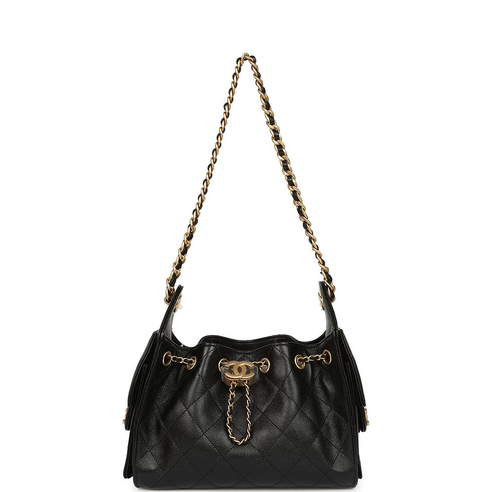 Thumbnail: Front view of the black caviar hobo bag carried on its gold-tone chain straps