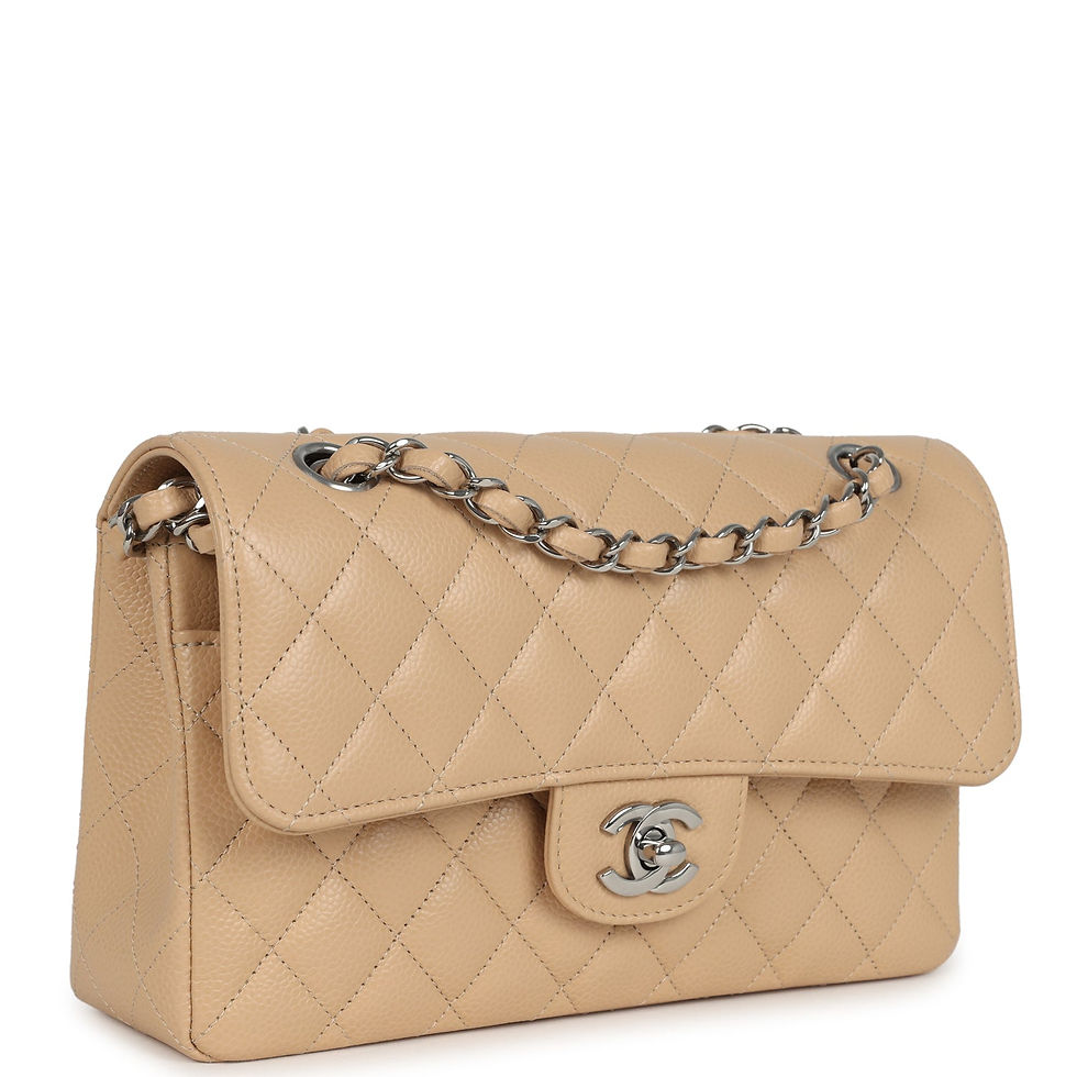 Beige caviar Chanel Small Flap bag shown at a front side angle with silver-tone chain strap