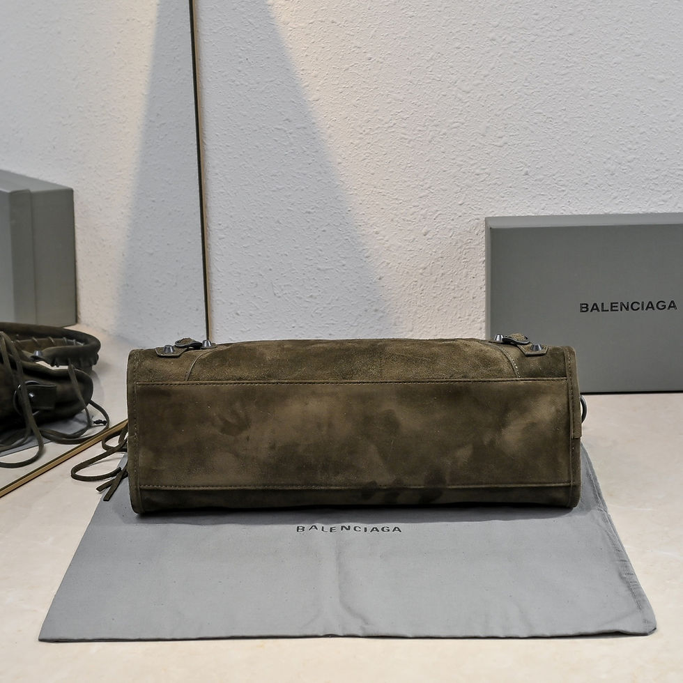 Thumbnail: Balenciaga Le City small bag in green suede, base view shown with Balenciaga box and dust bag