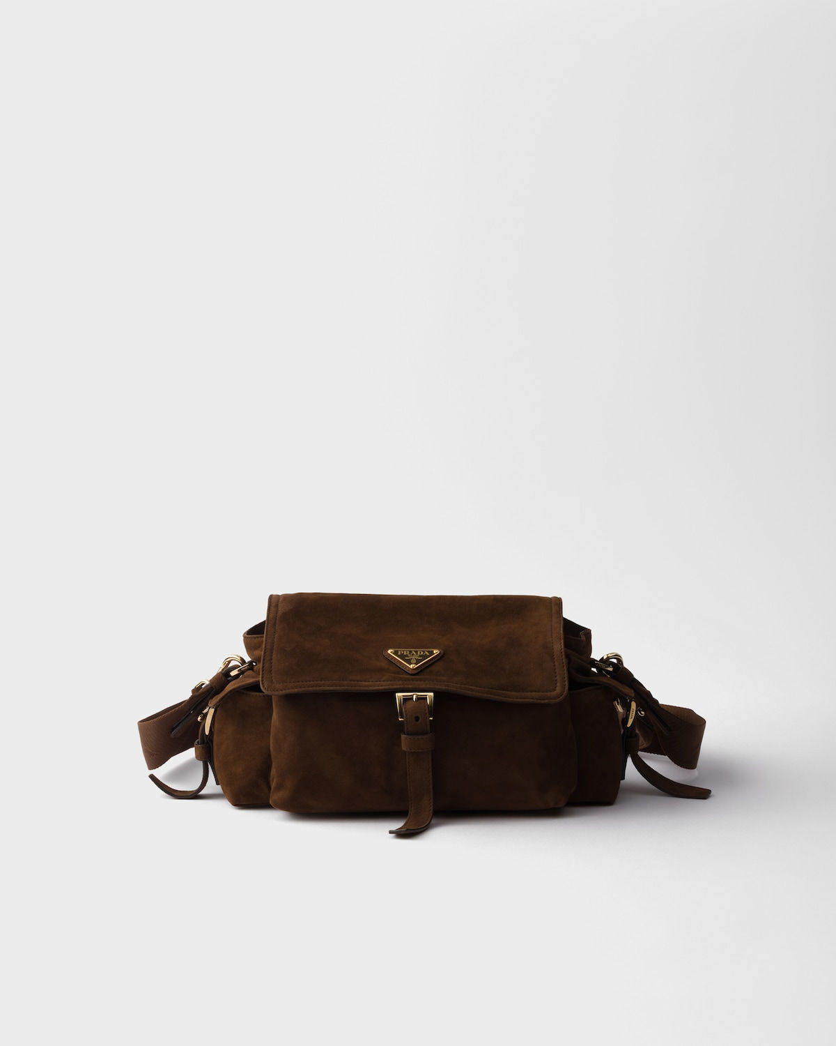 Prada Explore medium shoulder bag with flap in cocoa brown suede – front view