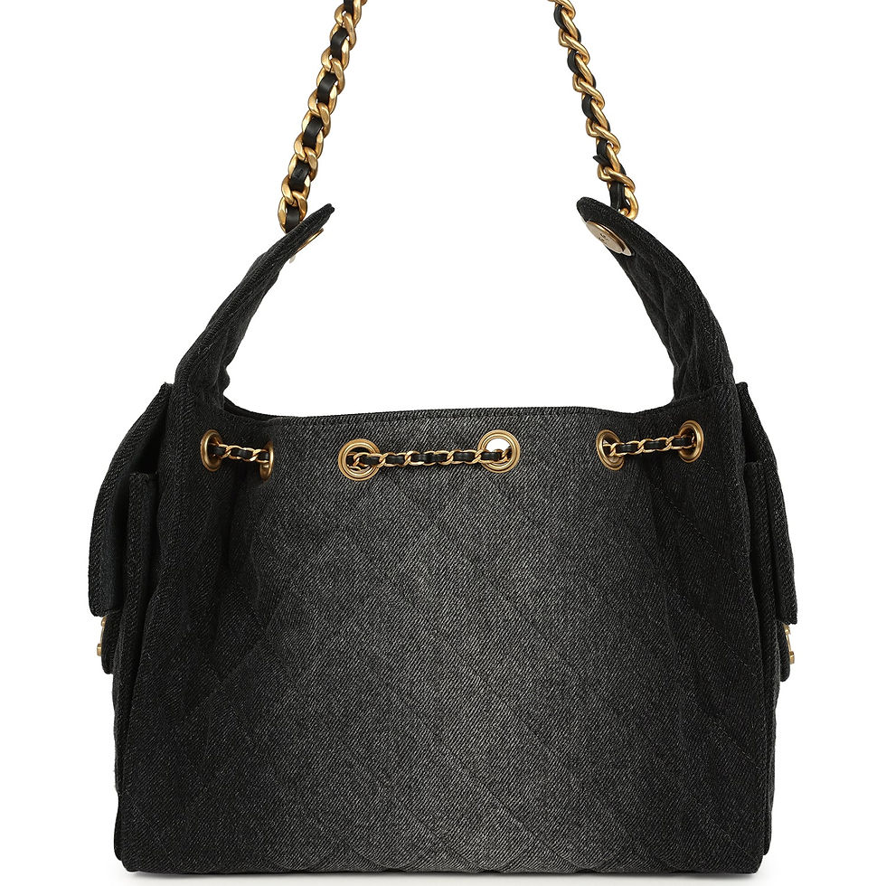 Thumbnail: Close view of the black denim body with its diamond quilting and gold hardware ring