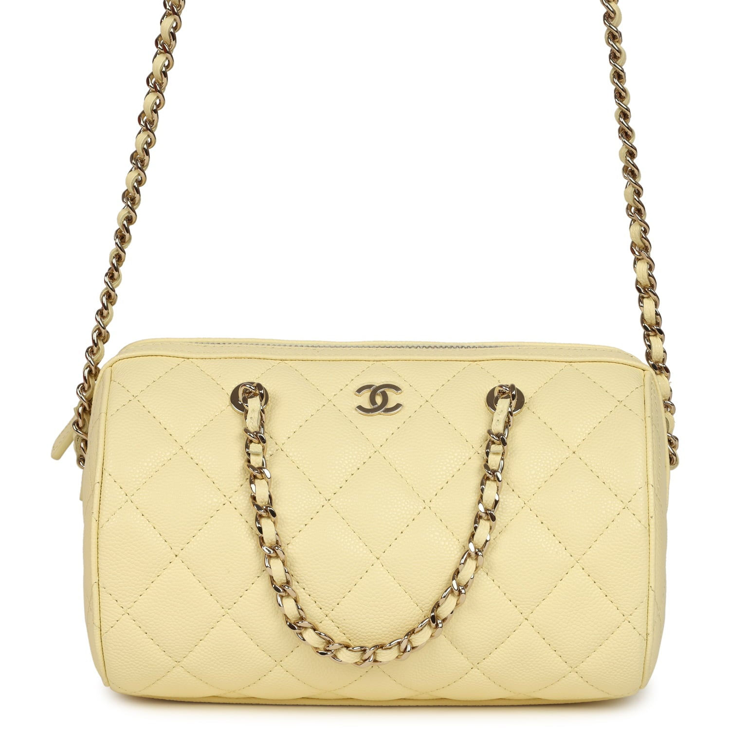 Chanel Mini Timeless Barrel bag in pale yellow caviar leather, front view