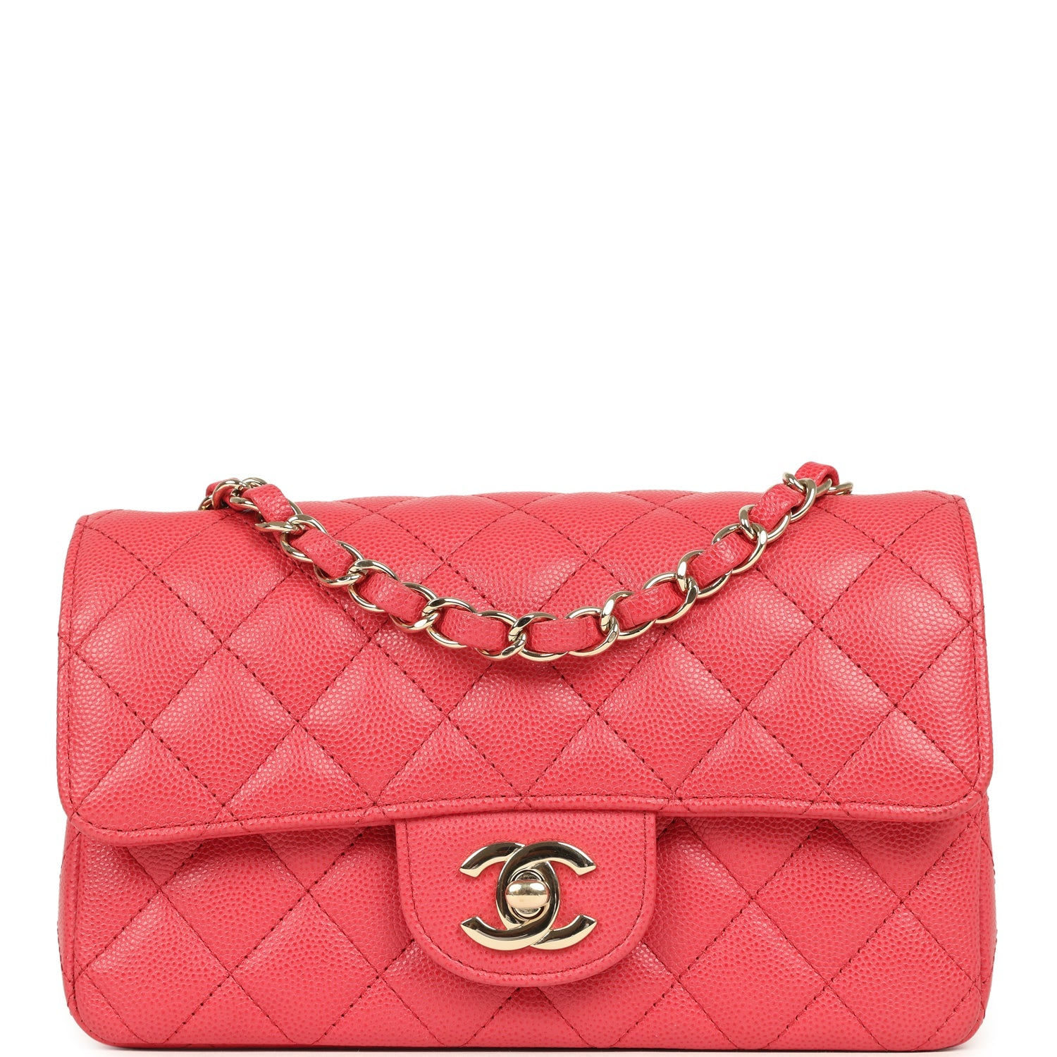 Chanel Mini Rectangular Flap bag in coral-pink caviar leather, front view with chain strap