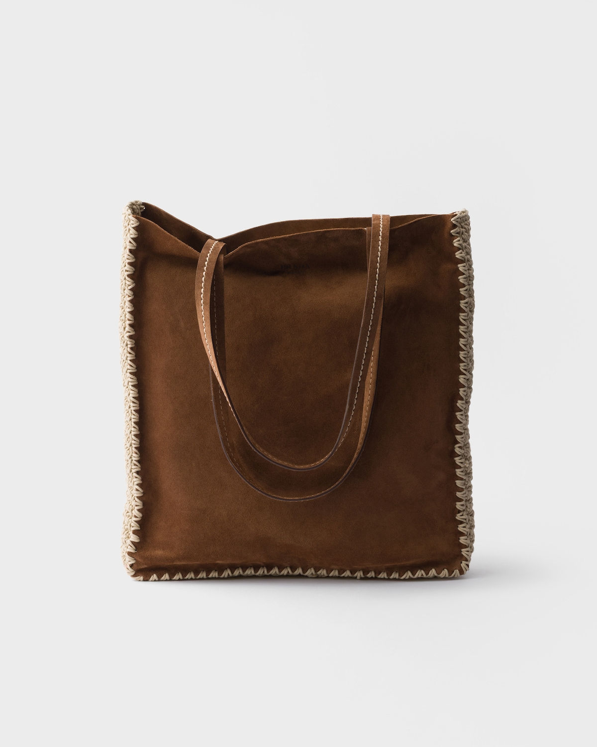 Prada large tote bag in cocoa brown suede and crochet – front view