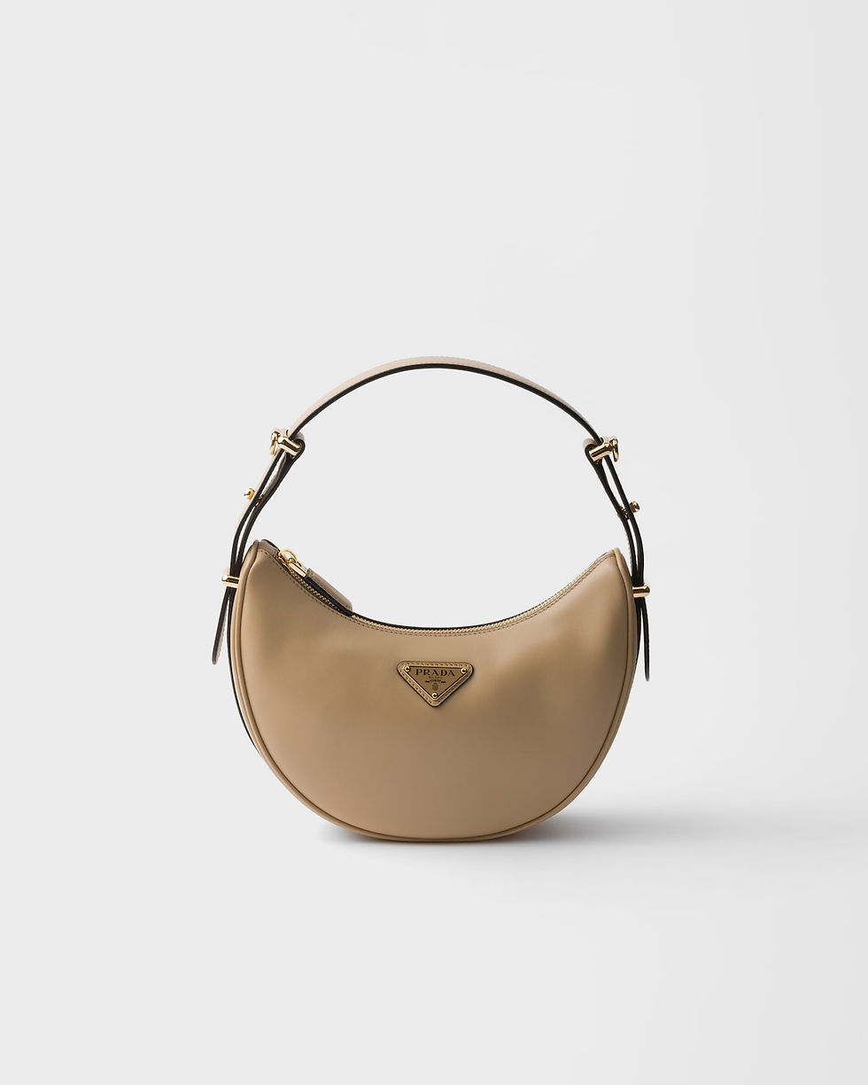 Prada Arqué small shoulder bag in sand leather – front view