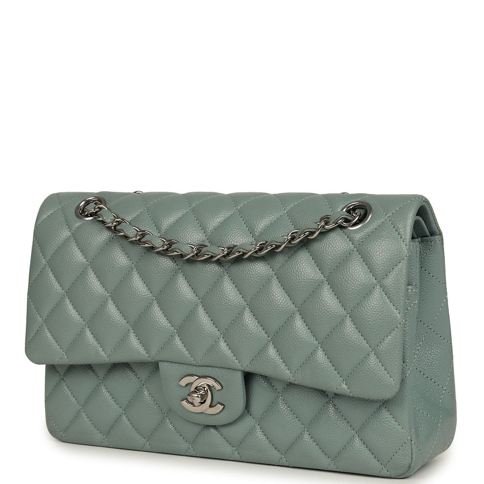Thumbnail: Profile view of the teal Chanel Medium Flap showing the side gusset and silver chain strap