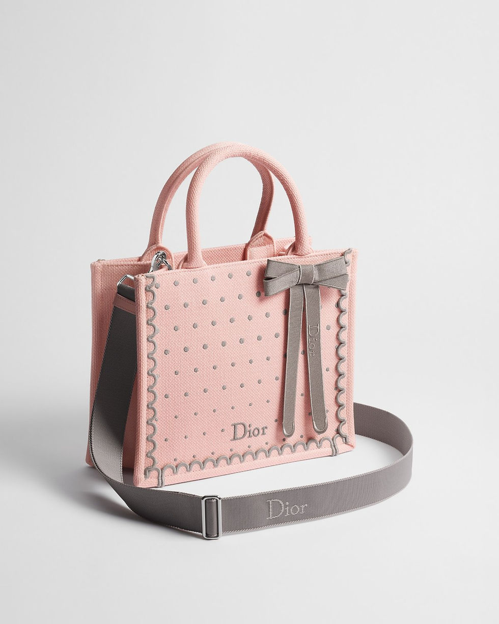 Dior Small Book Tote with strap in pink and gray PolkaDior embroidery – view 2
