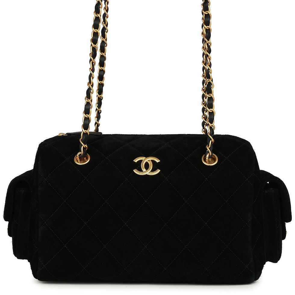 Front view of the Chanel Small Bowling bag in black quilted suede with twin side pockets