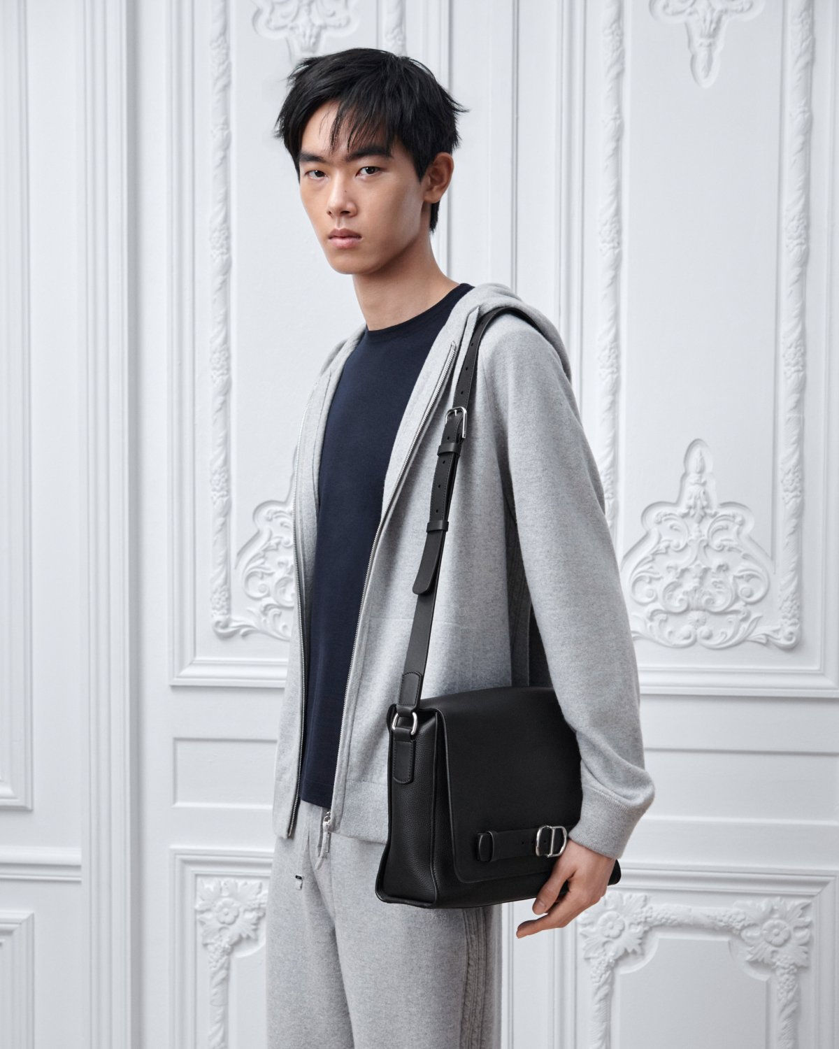 Dior Normandie messenger bag with flap in black grained calfskin – view 1