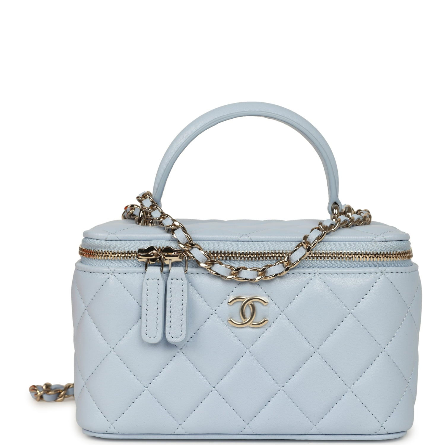 Chanel Small Classic Top Handle Vanity Case in light blue lambskin, front view with top handle