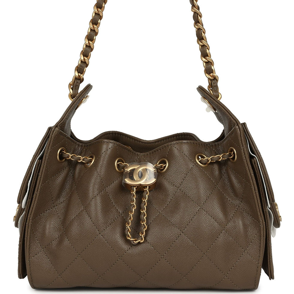 Chanel Mini 25 Hobo Bag in khaki green caviar leather, front view with drawstring closure