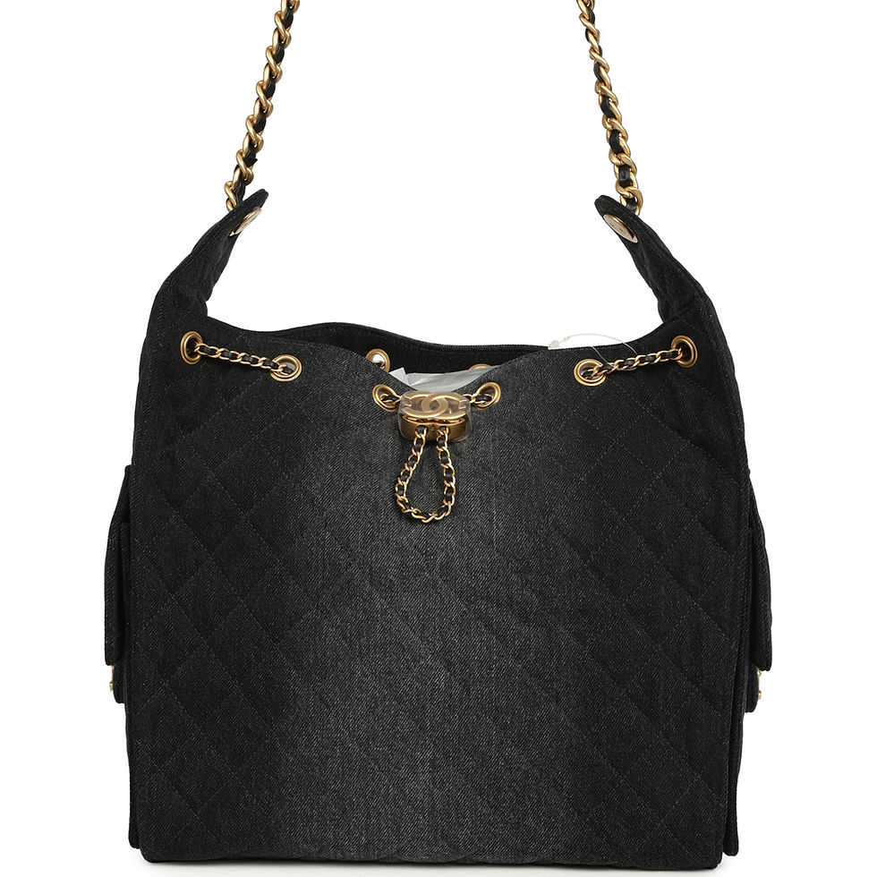 Front view of the black washed denim Chanel 25 Medium bag with gold-tone hardware